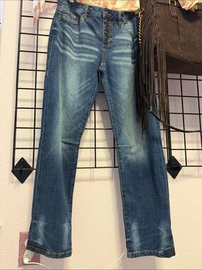 CAbi Washed Blue Button-Fly Straight-Leg Jeans